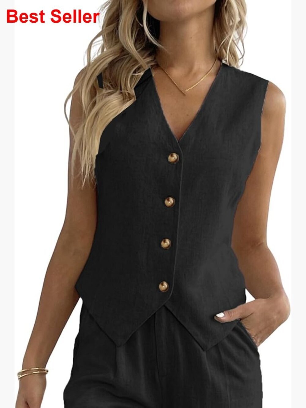 Linen Sleeveless Vest V-Neck Button Down Slim Fit Blazer